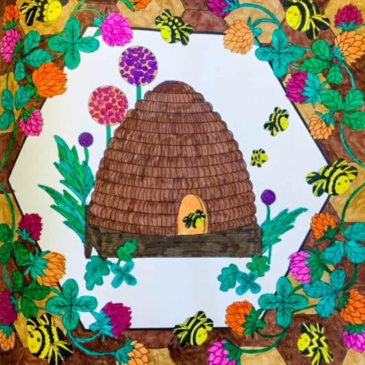 A beautifully colored picture of a beehive from the coloring book Amazing Grace.