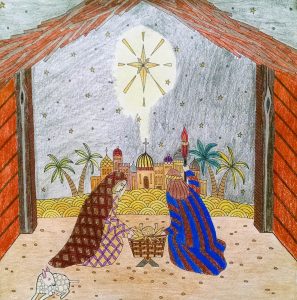 A nativity scene coloring page from the Because of Bethlehem adult coloring book with Max Lucado.