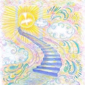 A colored photo of a staircase leading to heaven from the Jesus Calling coloring book.
