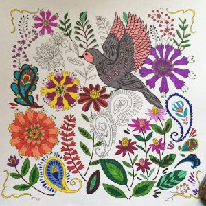 Image of flowers and a bird from the Jesus Calling coloring book.
